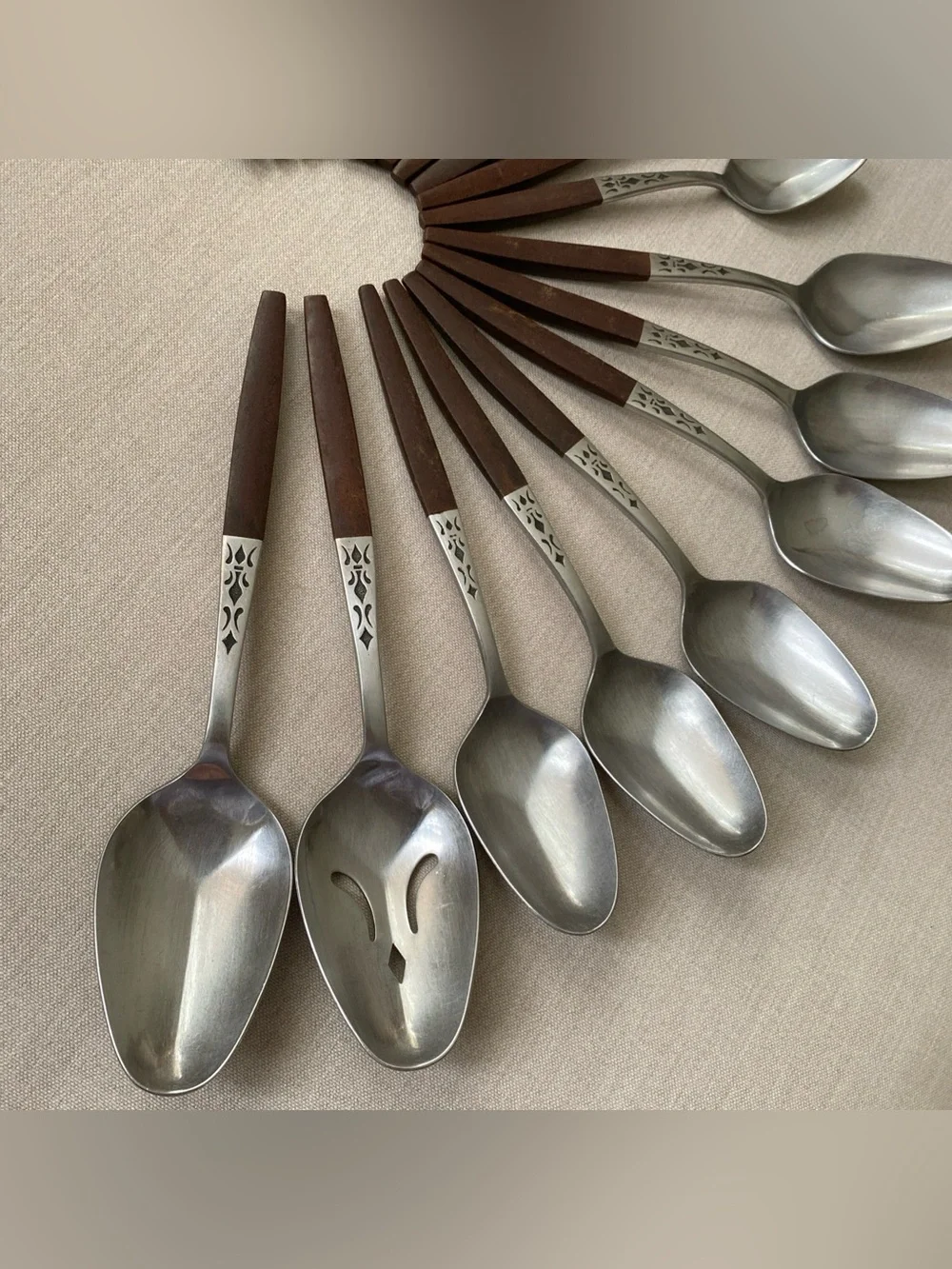 VTG MCM Grand Prix Dior Muffin Flatware 19 Pc Lot Stainless Japan Faux Wood
